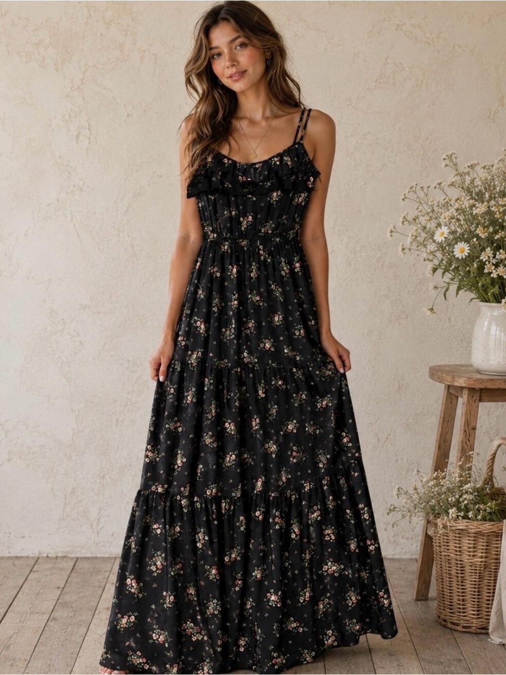 Vintage Guess Black Floral Maxi Dress size 8